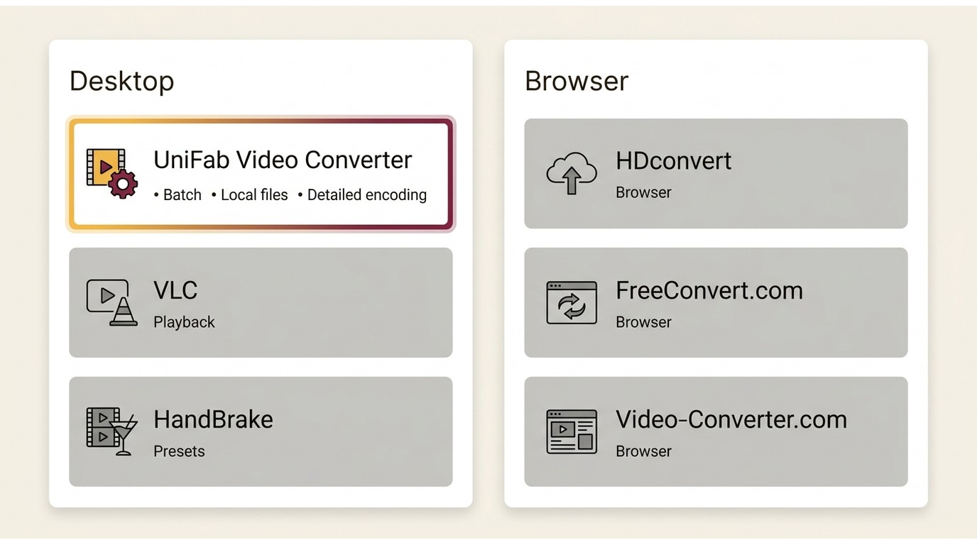 Comparison of UniFab, VLC, HandBrake, HDconvert, FreeConvert.com, and Video-Converter.com.