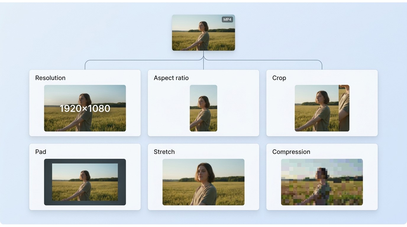 MP4 examples comparing resolution, cropping, padding, stretching, and compression.