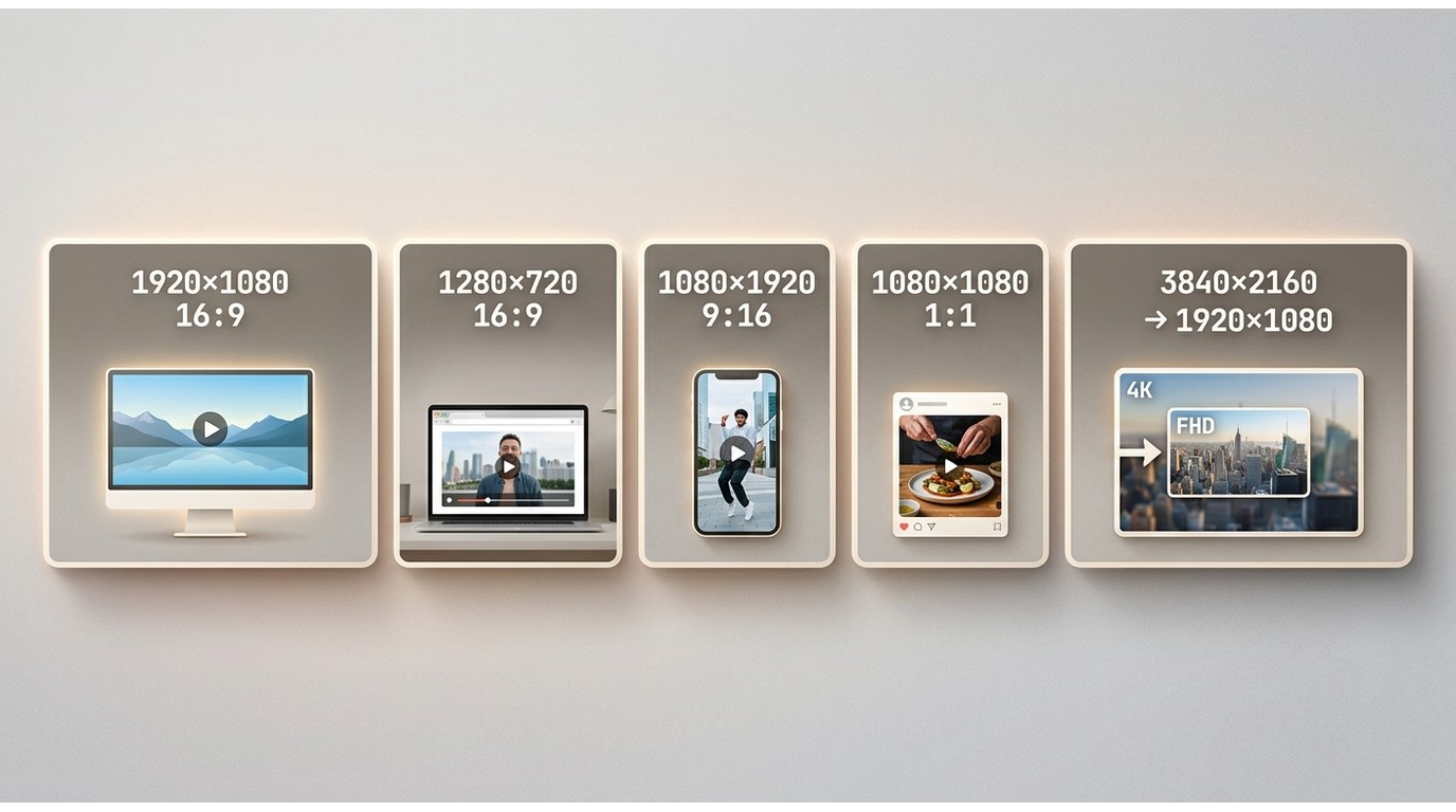 MP4 output presets for 1080p, 720p, vertical, square, and 4K to 1080p.