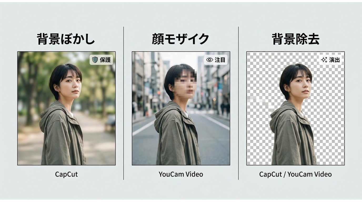 背景ぼかし、顔モザイク、背景除去の違いと用途