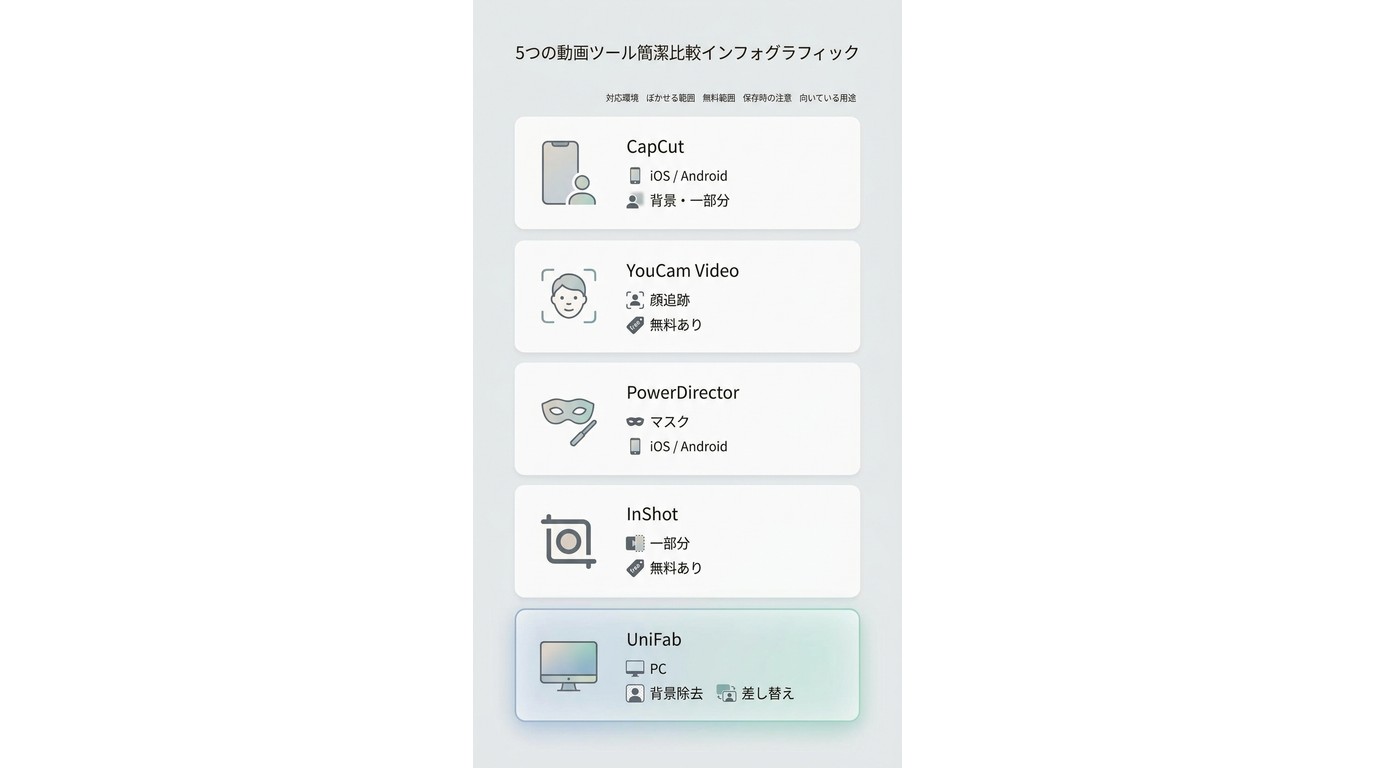CapCut、YouCam Video、PowerDirector、InShot、UniFabの機能比較