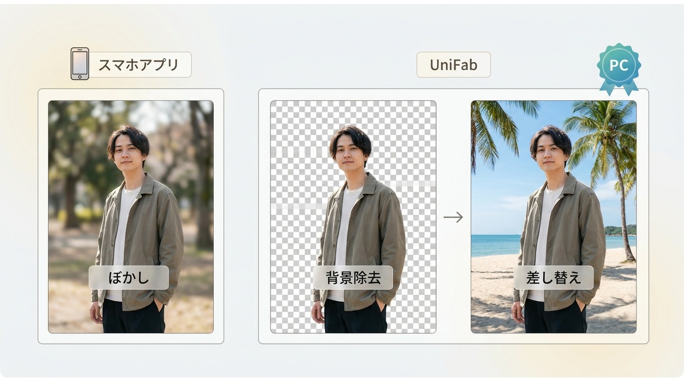 スマホの背景ぼかしとUniFabの背景除去結果の違い