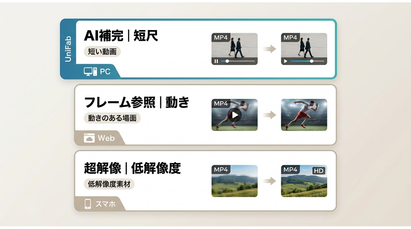 AI補完、前後フレーム、超解像と利用環境の比較