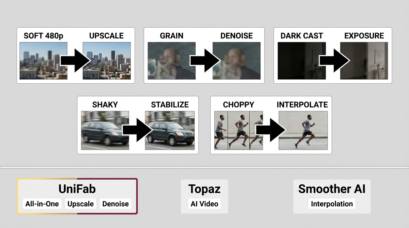 Video quality symptoms matched with upscaling, denoise, stabilization, and interpolation