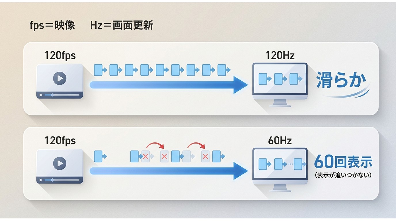 120fps映像を60Hzと120Hzで表示する違い