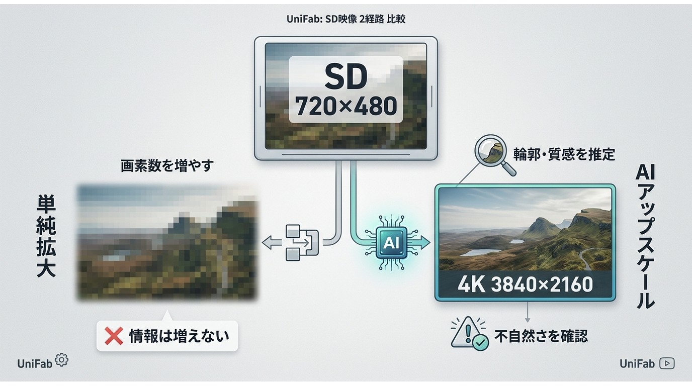 SD動画の単純拡大とAIアップスケールの違い