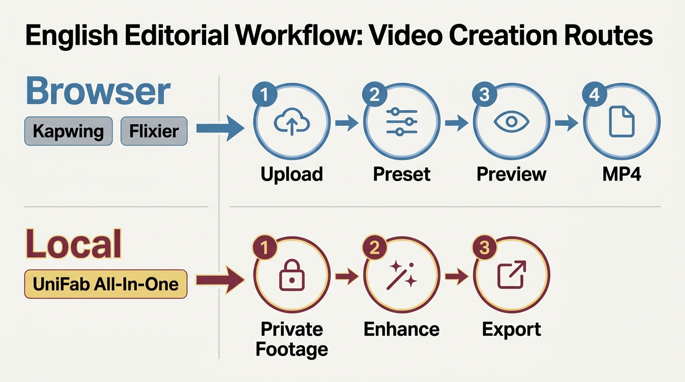 Browser workflow for uploading, previewing, and exporting enhanced video
