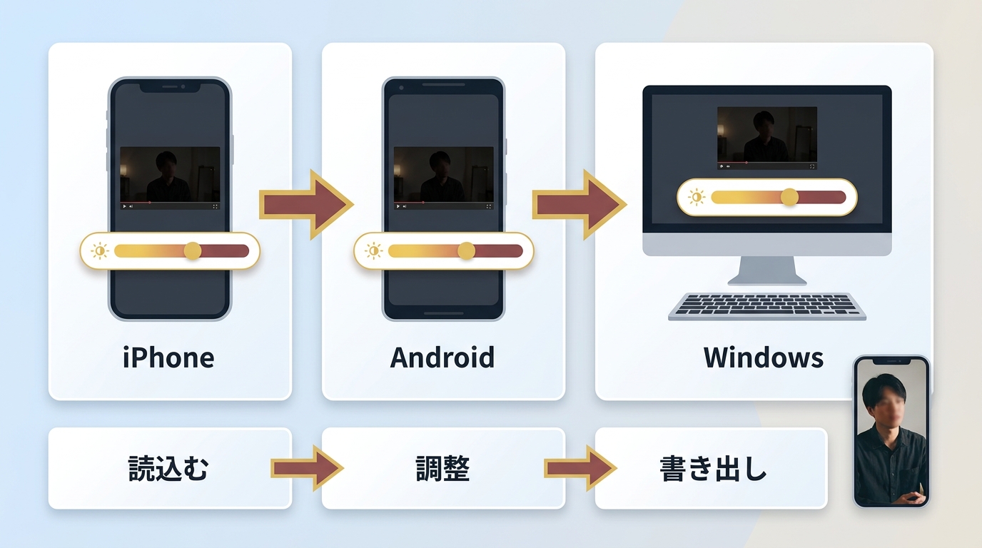 iPhone、Android、Windowsで動画の明るさを調整して書き出す流れ