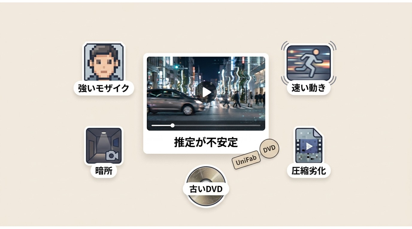 強いモザイクや暗所でAI補正が不安定になる条件