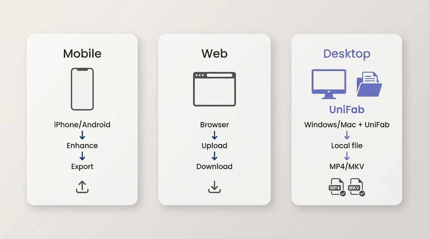 Phone, browser, and UniFab desktop workflows for video enhancement