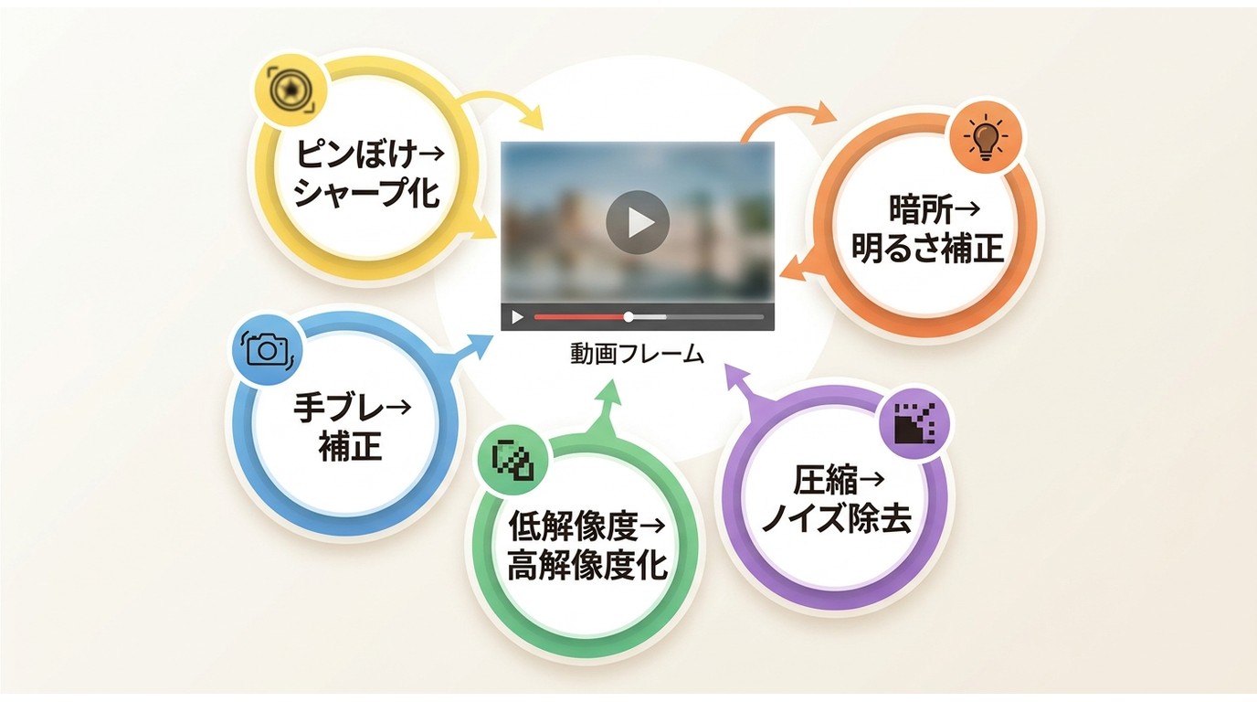 動画のぼやけ5種類と、それぞれに合う補正方法の対応図