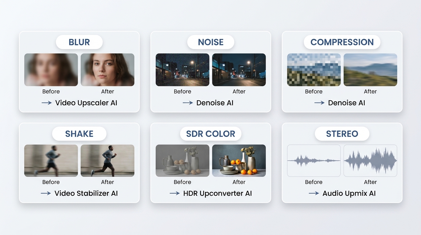 UniFab symptom guide for blur, noise, compression, shake, SDR color, and stereo audio.