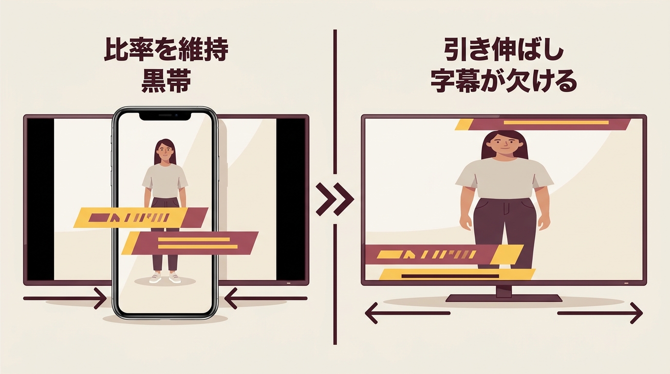 黒帯を残す表示と引き伸ばしで字幕や人物が欠ける表示の比較