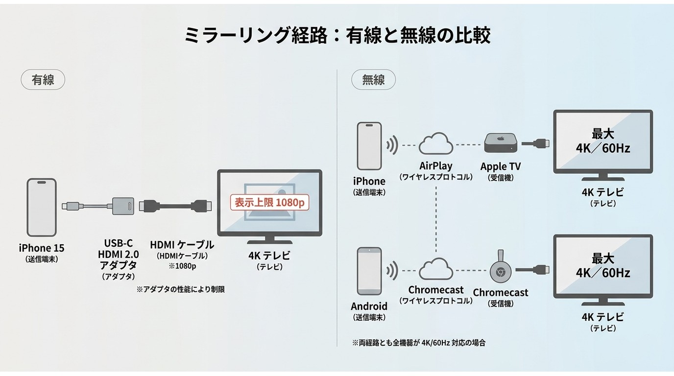 iPhoneからテレビまでの機器のうち最も低い解像度が表示上限になる例