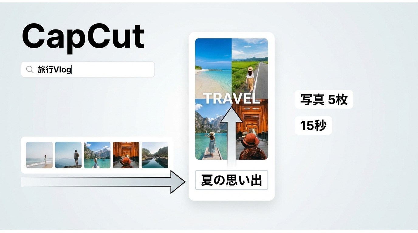 CapCutで旅行Vlogテンプレートを選び、写真と文字を差し替える画面