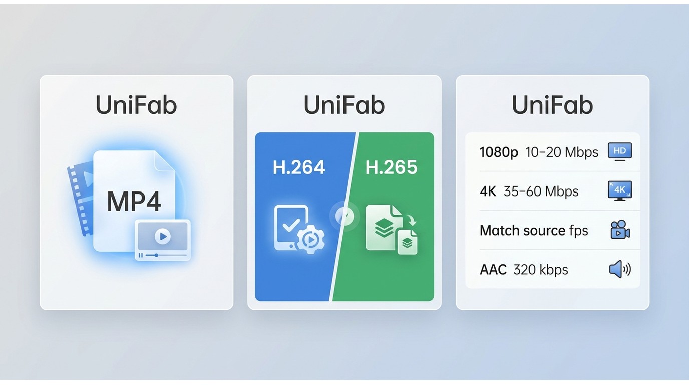 UniFab export settings for MP4, H.264 or H.265, 1080p and 4K bitrates, and matching frame rate.