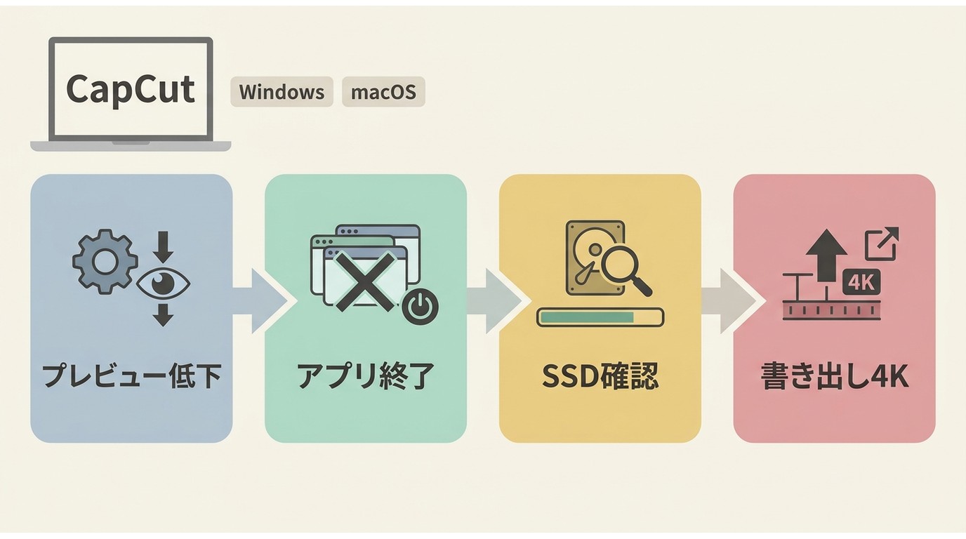 CapCutの4K編集でプレビュー設定、PC負荷、SSD容量を確認する流れ