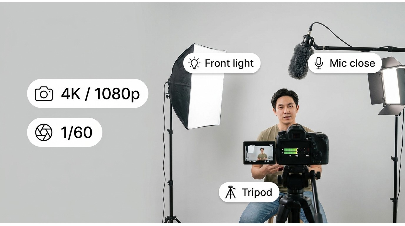 Camera setup with useful resolution, front lighting, tripod, shutter speed, and close microphone pla