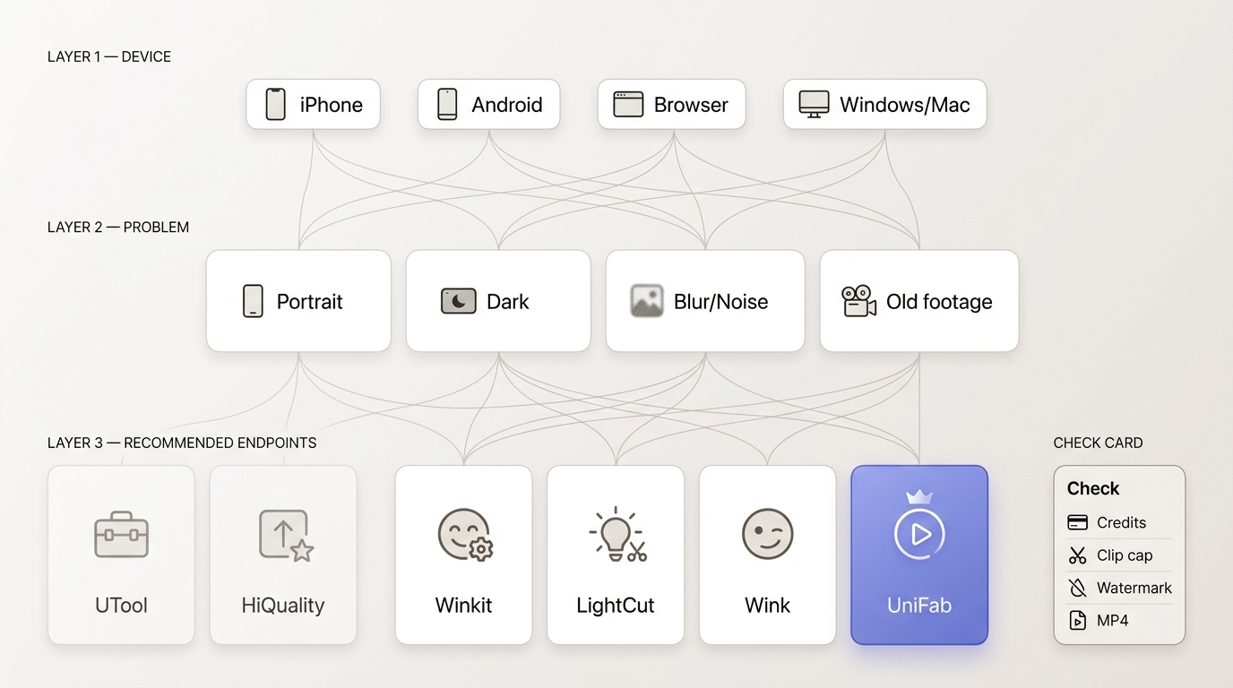 Decision flow for choosing UTool, HiQuality, Winkit, LightCut, Wink, or UniFab