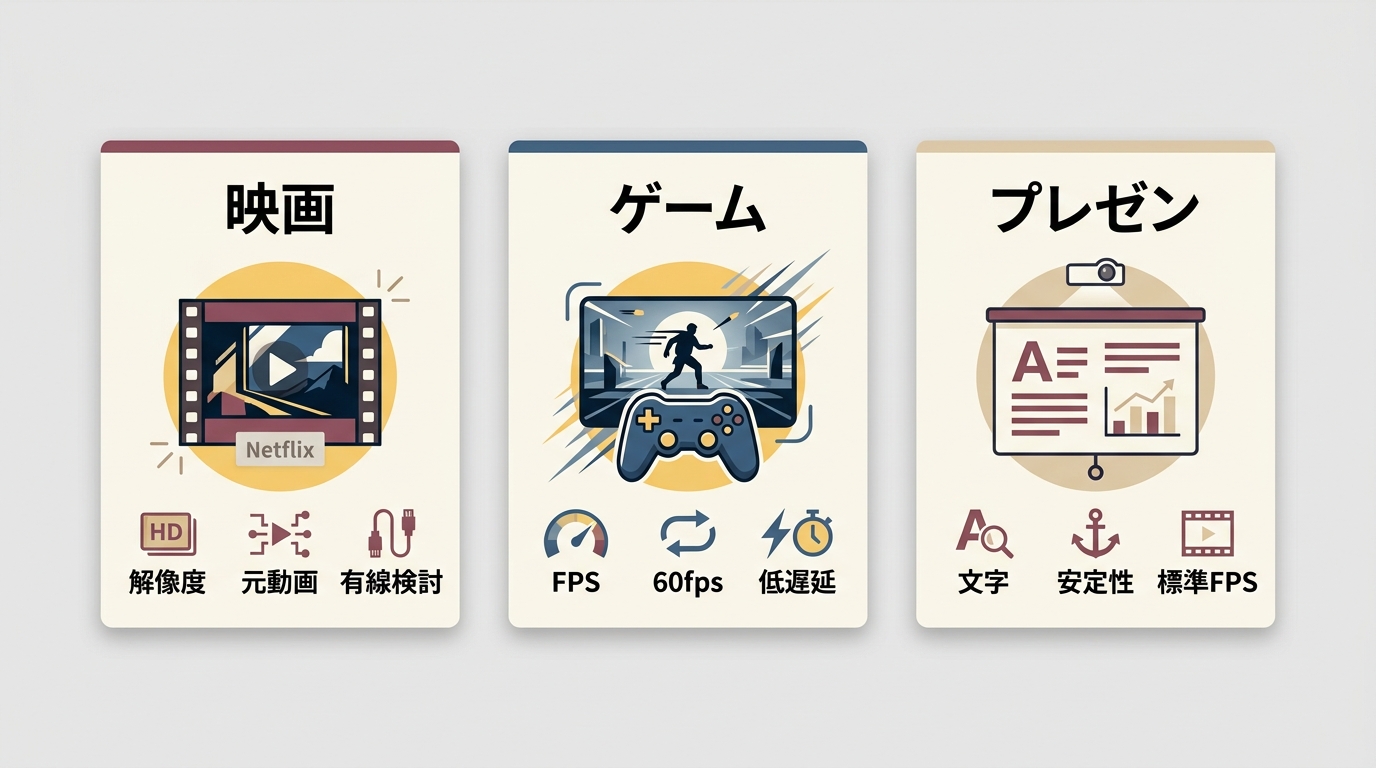 映画・ゲーム・プレゼンで異なるミラーリング画質設定の優先項目