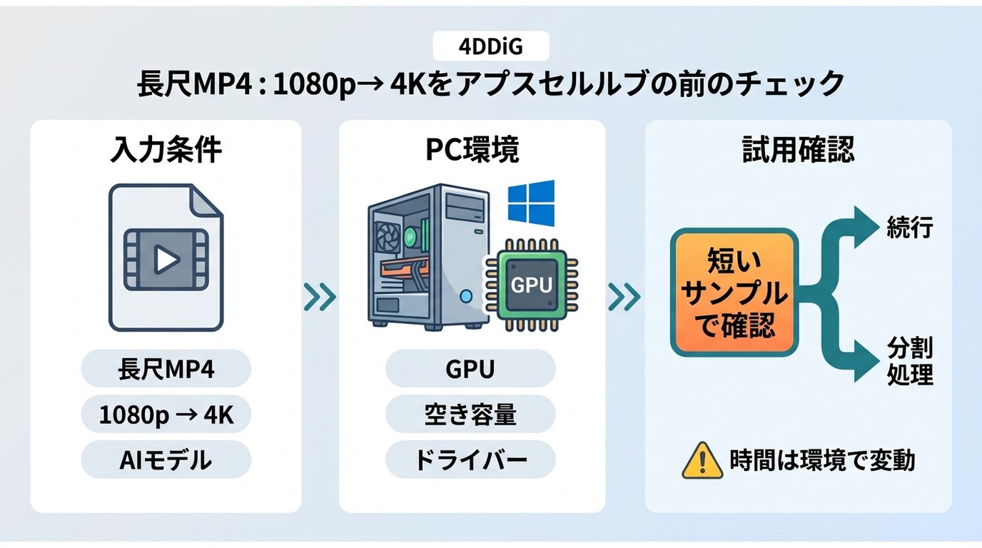 4DDiGで長尺MP4を4K化する前のGPU・空き容量・試用確認手順