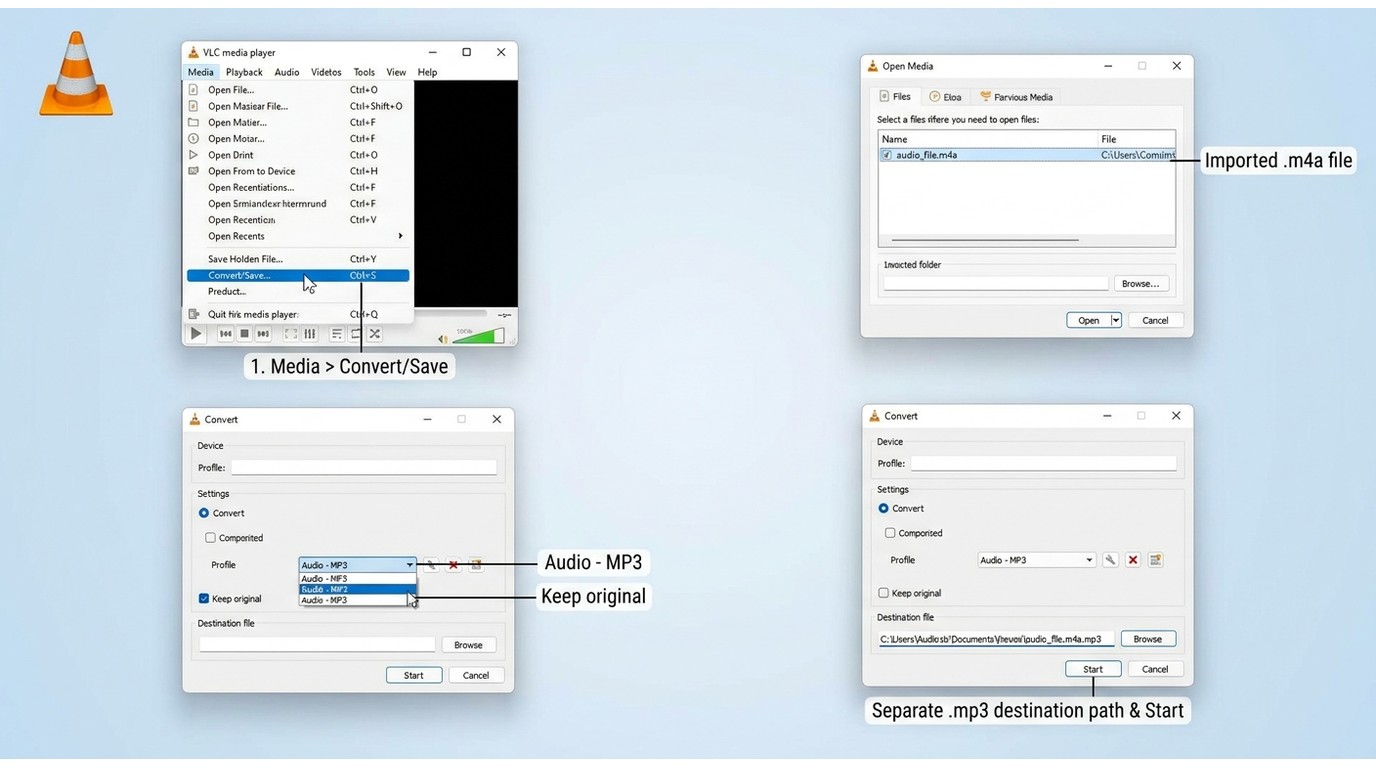 VLC converts an M4A to MP3 with a separate output file