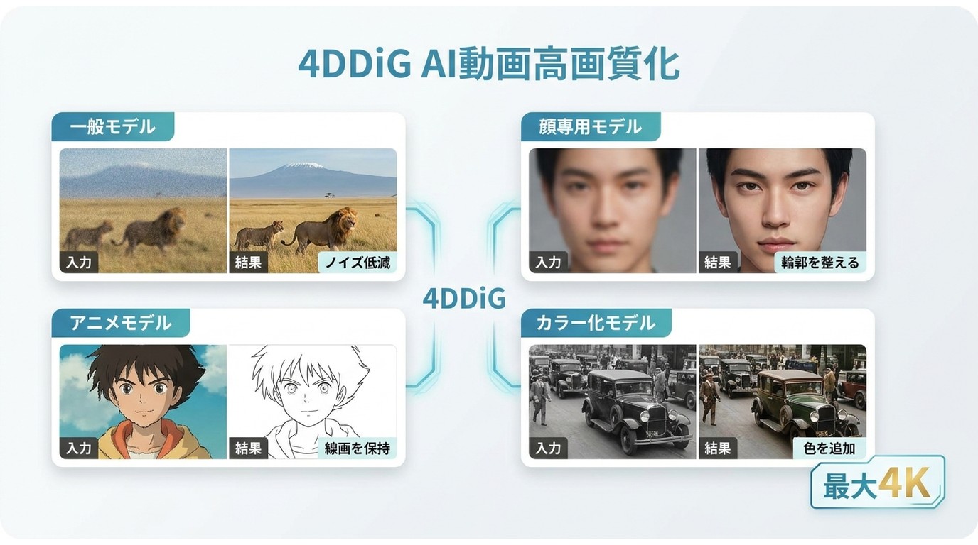 4DDiGの一般・顔・アニメ・カラー化AIモデルと適した動画素材