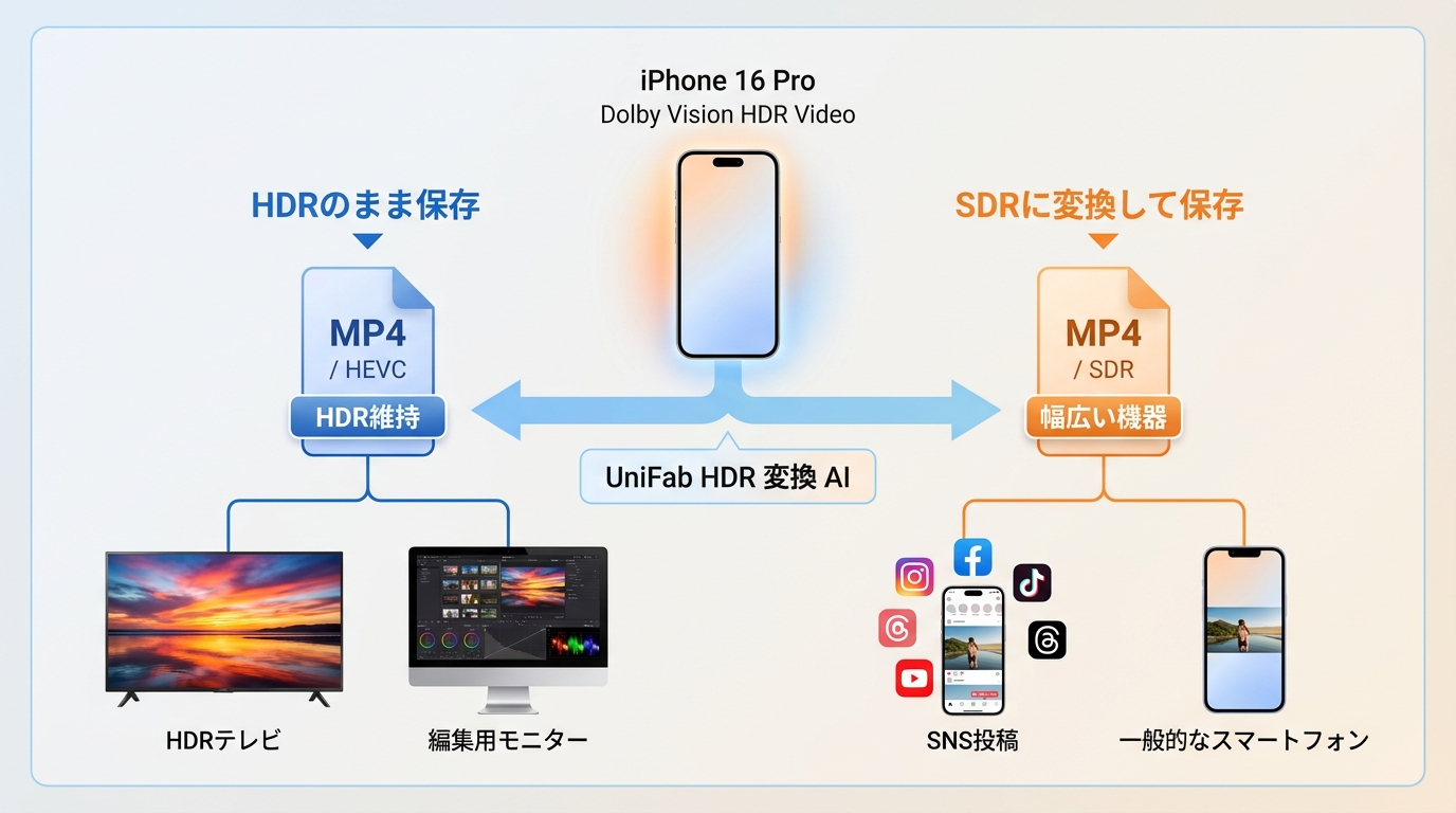 iPhone HDR動画をMP4/HEVCで維持す���方法とMP4/SDRへ変換する用途の比較