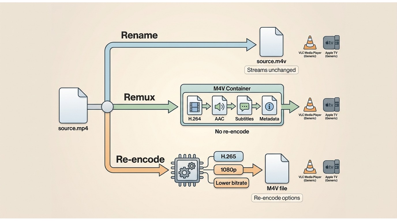 Rename preserves streams, remux changes the container, and re-encode changes codec or bitrate.