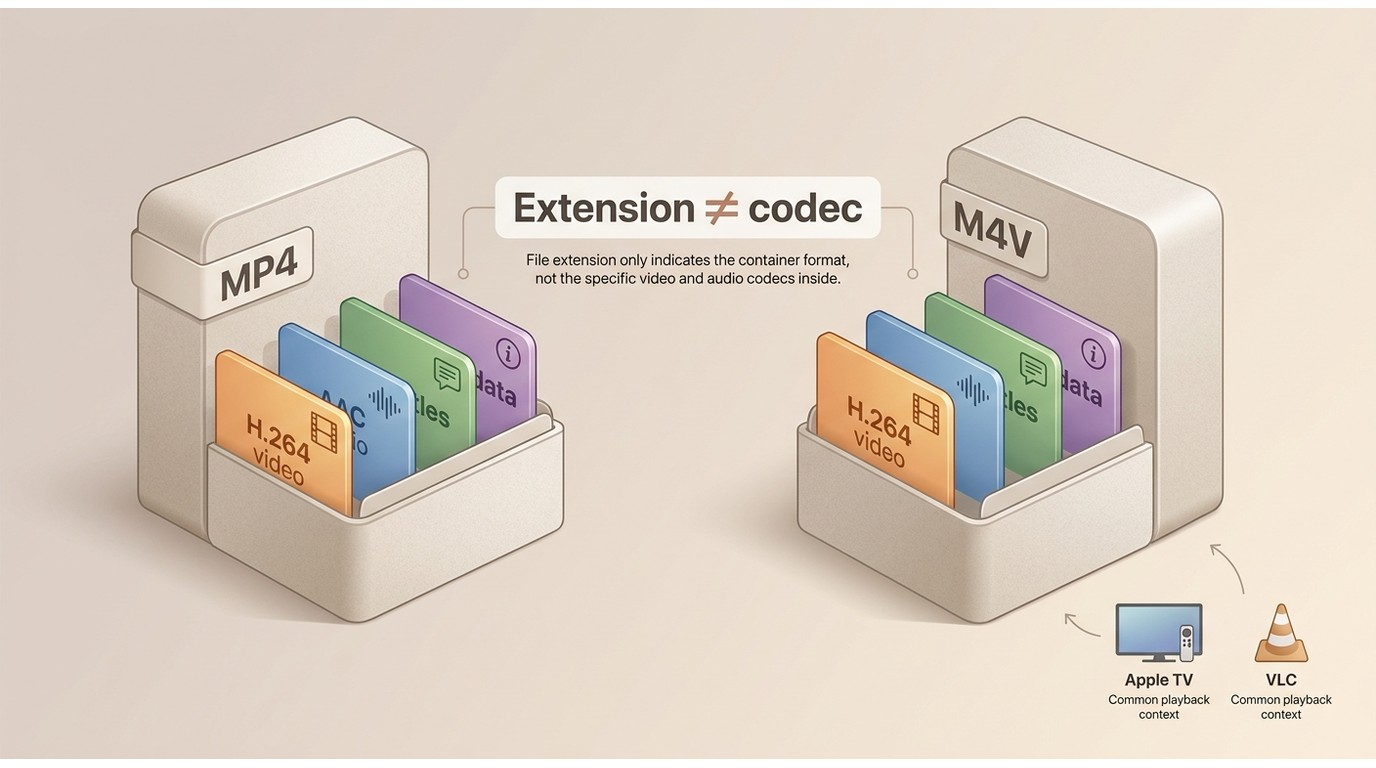 MP4 and M4V containers can hold the same H.264 video, AAC audio, subtitles, and metadata.