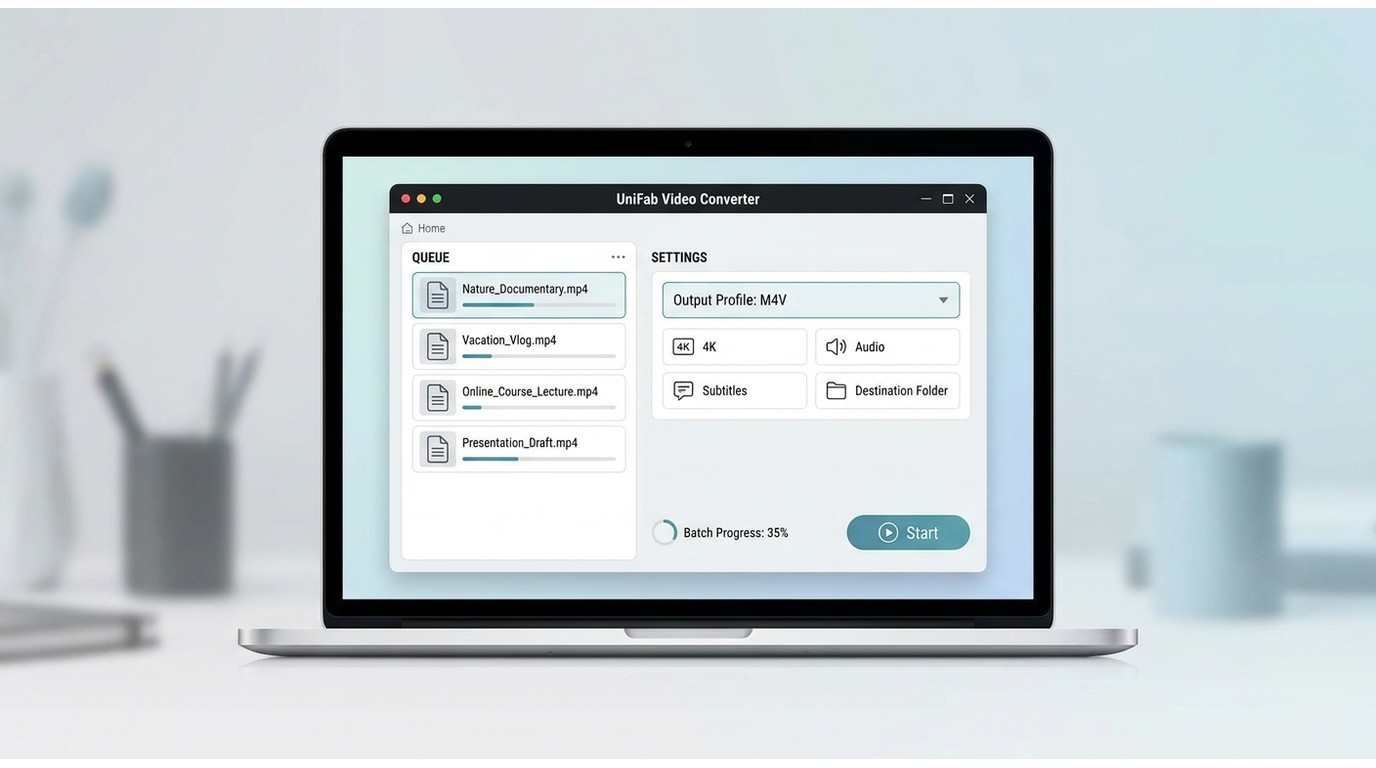 UniFab Video Converter converting multiple MP4 files to M4V with 4K and track settings.