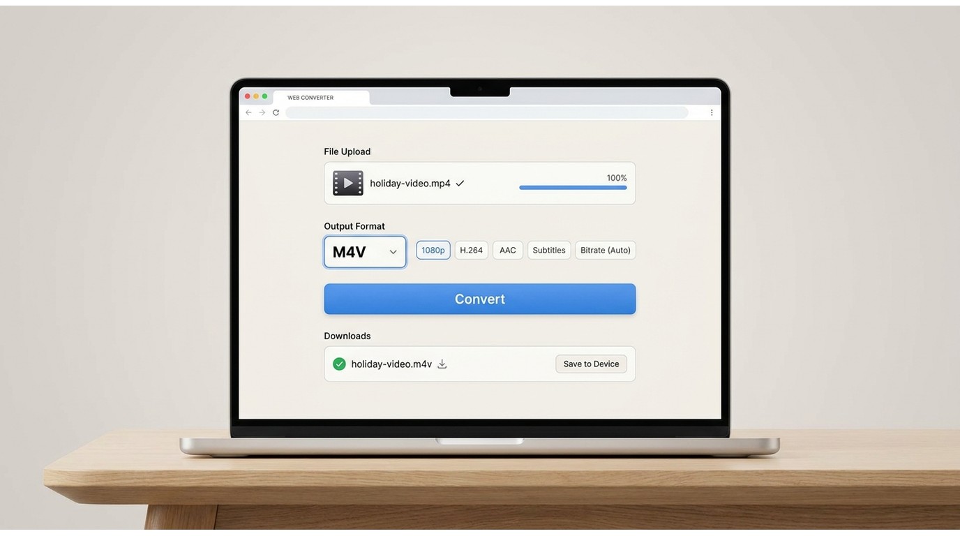 Online MP4 to M4V conversion settings with video, audio, subtitle, and bitrate controls.