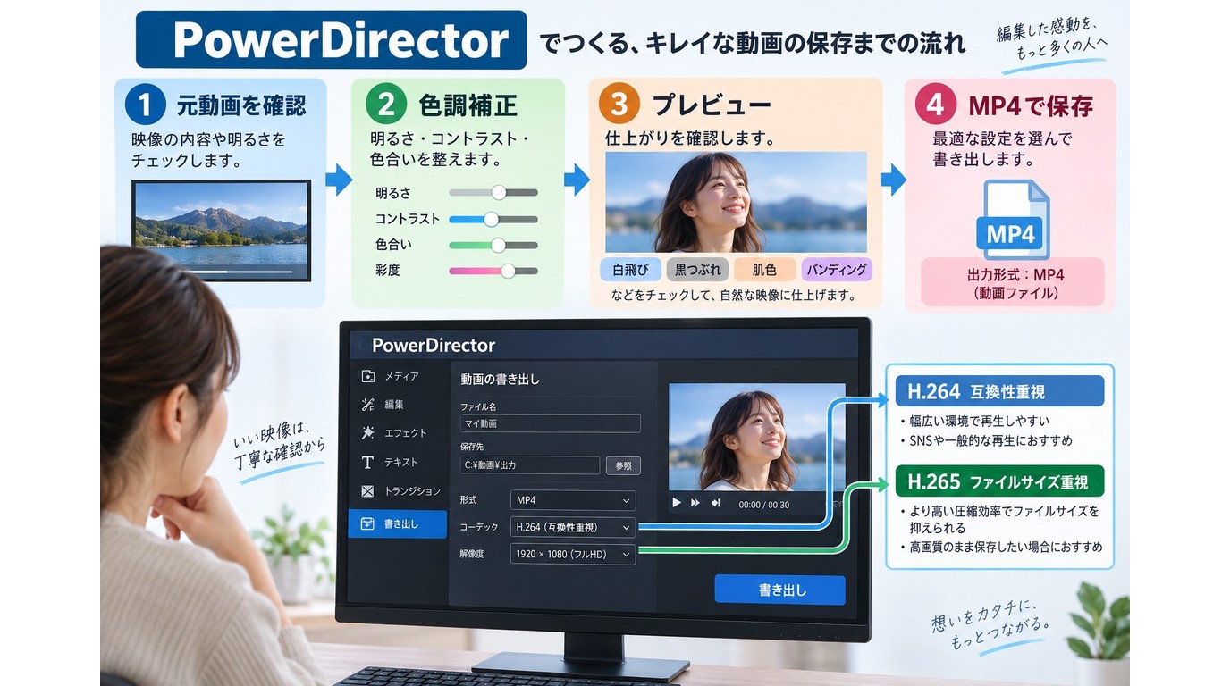 PowerDirectorで補正動画をH.264またはH.265のMP4で保存する流れ