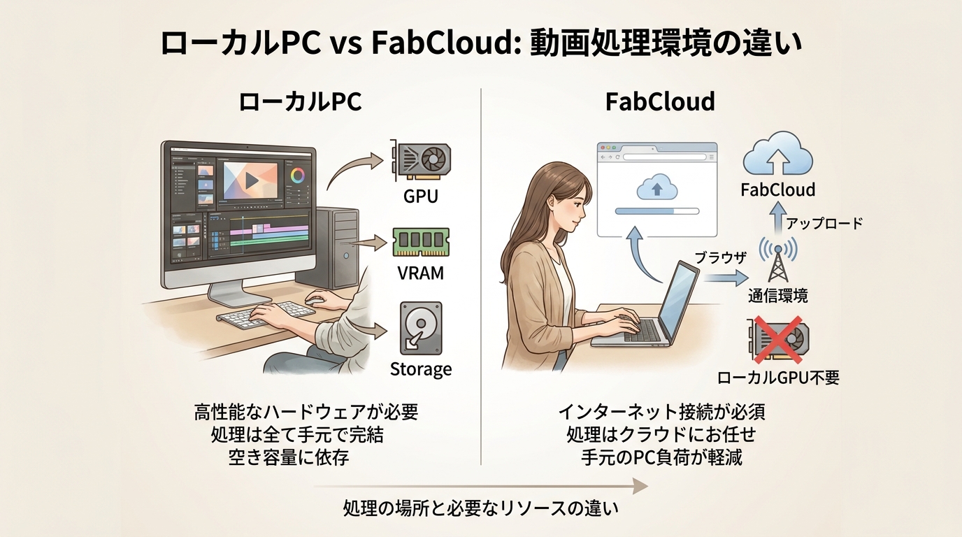 DaVinci ResolveとUniFabのローカル処理、FabCloudのクラウド処理を比較