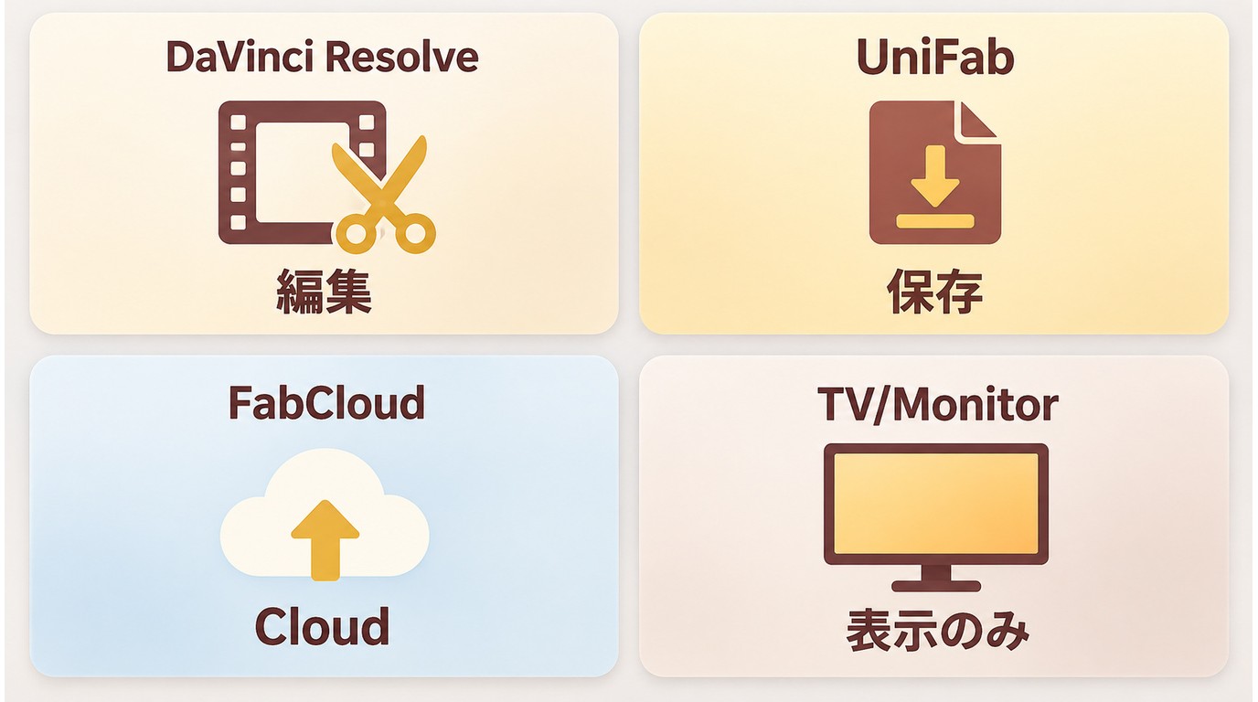 DaVinci Resolve、UniFab、FabCloud、テレビの補間方式と保存可否