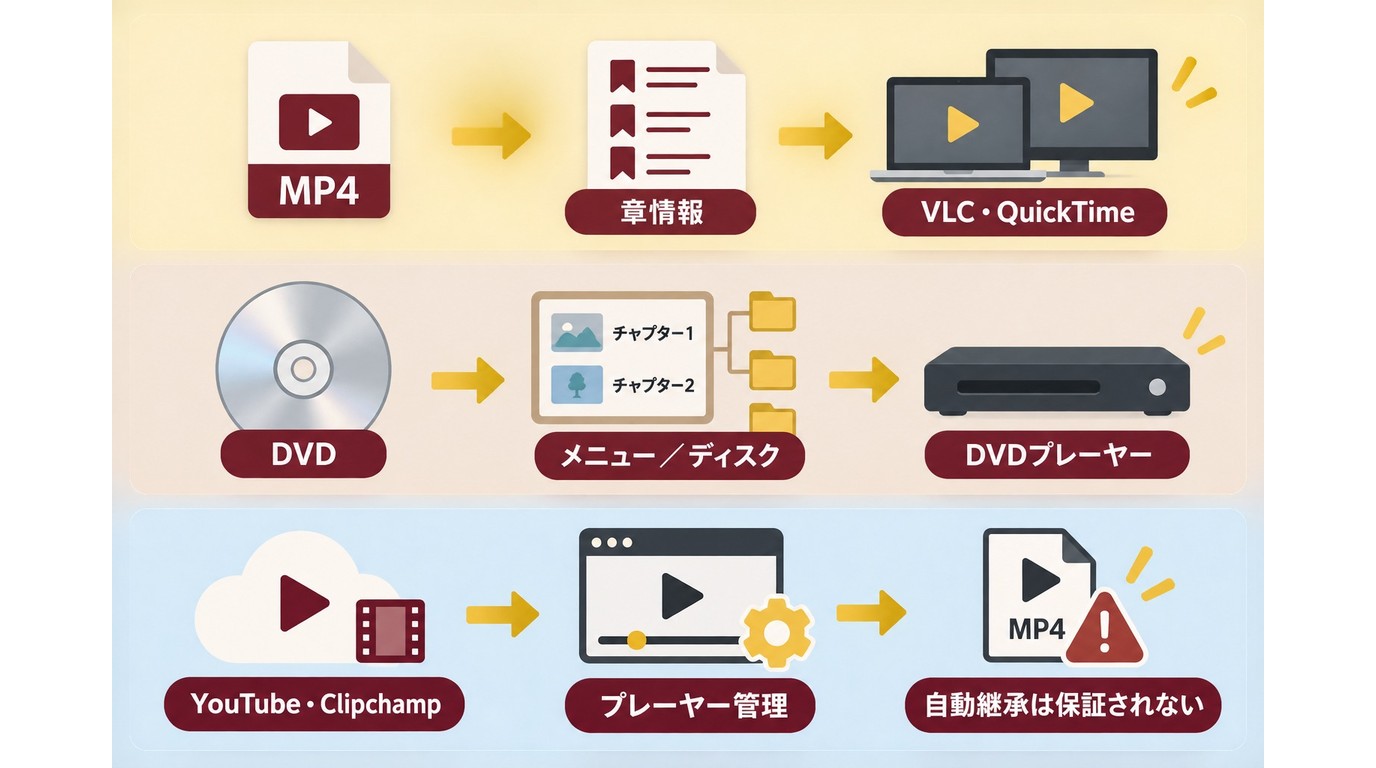 MP4、DVD、YouTubeとClipchampで異なるチャプターの保存場所