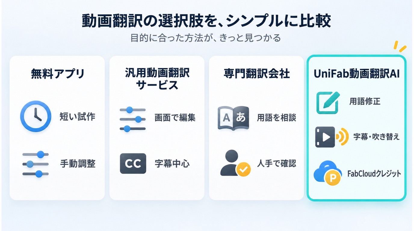 無料アプリとUniFab動画翻訳AIの用途、出力、料金の比較