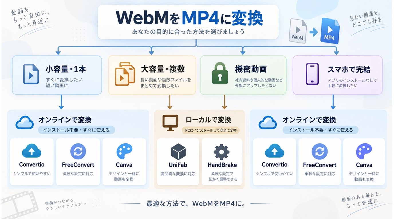 WebM変換でUniFab、Convertio、HandBrakeなどを選ぶ流れ