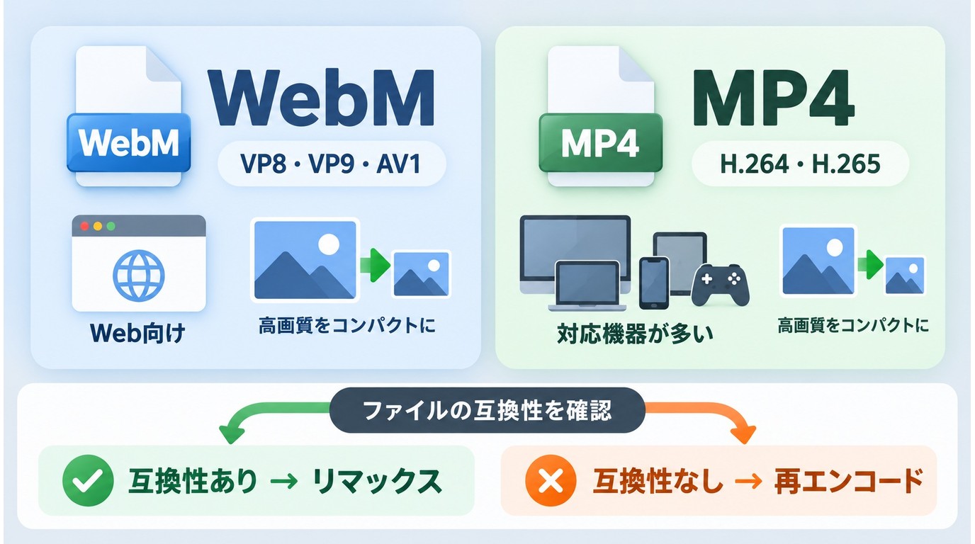 WebMとMP4のコーデック、互換性、変換方式の比較