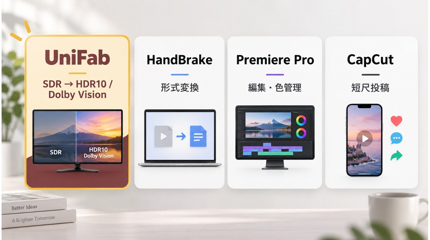 UniFabとHandBrakeとPremiere ProとCapCutの用途比較