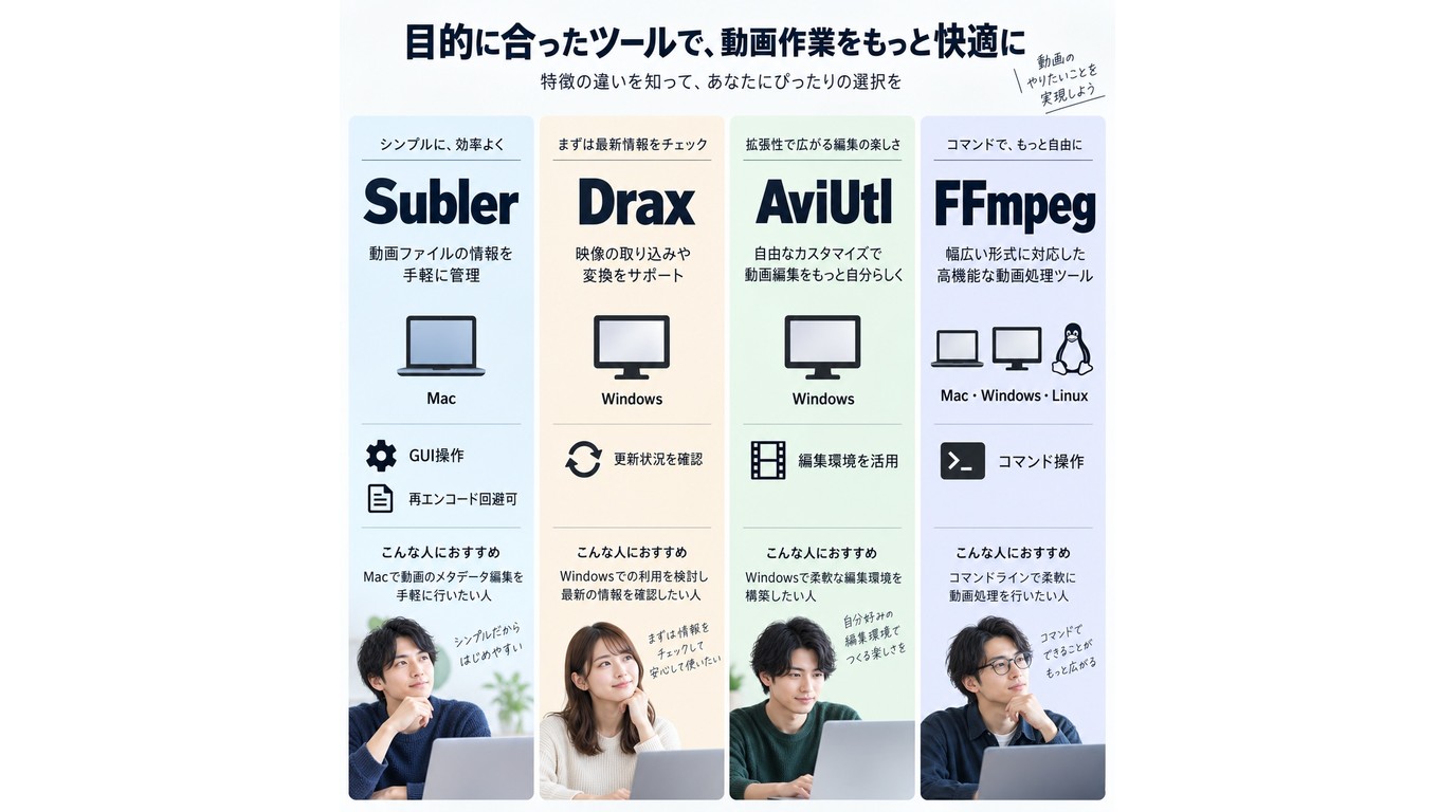Subler、Drax、AviUtl、FFmpegの対応OSと操作方法の比較