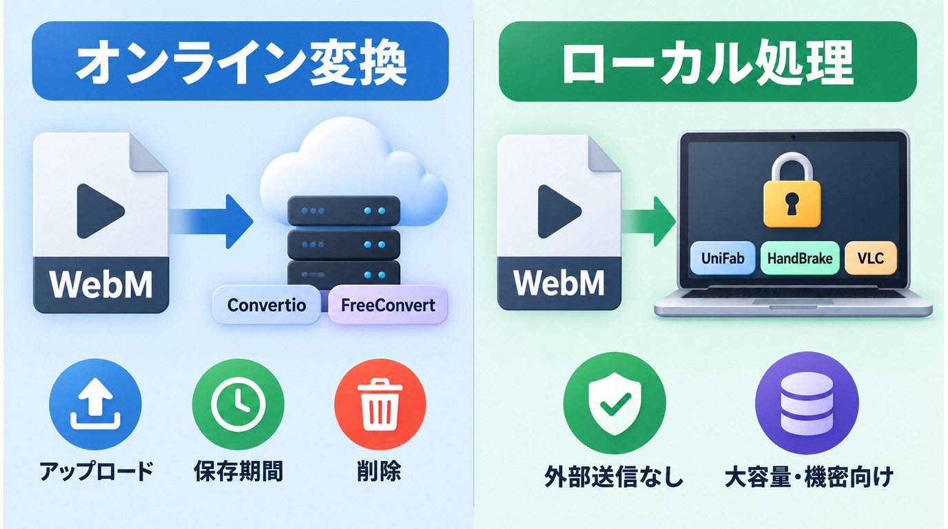 オンライン変換とローカル処理で異なる動画データの流れ