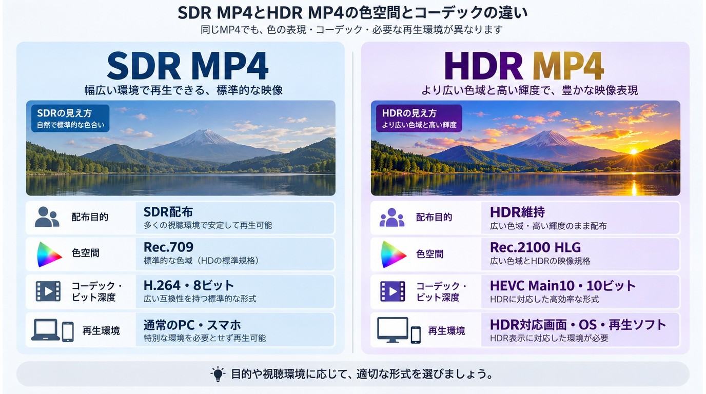 SDR MP4とHDR MP4の色空間とコーデックの違い