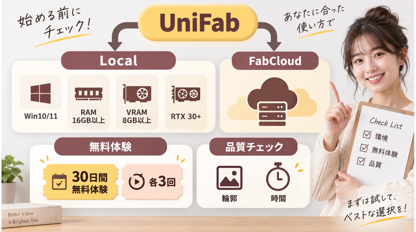 UniFabの推奨環境、FabCloudへの切り替え、無料体験の確認項目