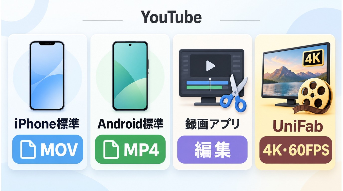 標準機能、録画アプリ、UniFabを用途と形式で比較