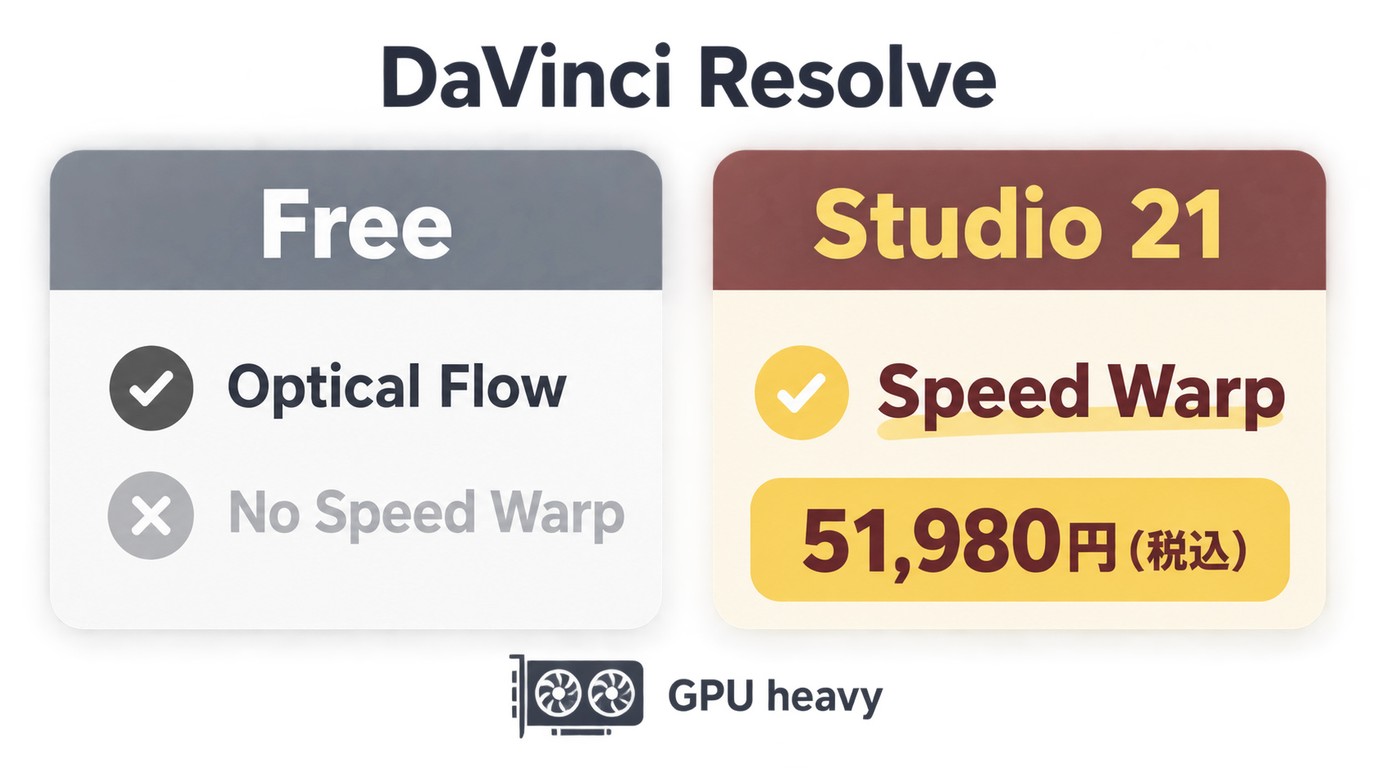 DaVinci Resolve無償版とStudio版の機能、Speed Warp、価格の比較
