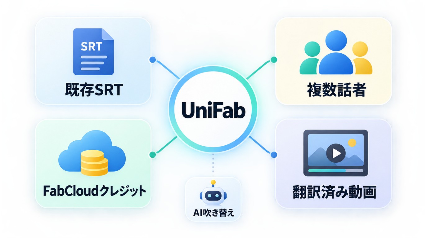 UniFab動画翻訳AIの既存SRT、複数話者、FabCloudクレジットの要点