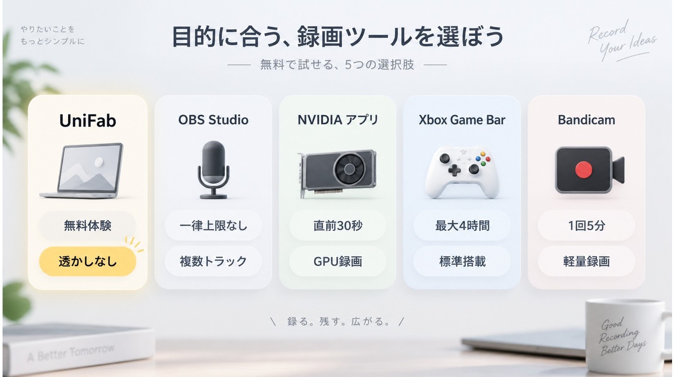 UniFab・OBS Studio・NVIDIAアプリなどの無料制限と録画条件