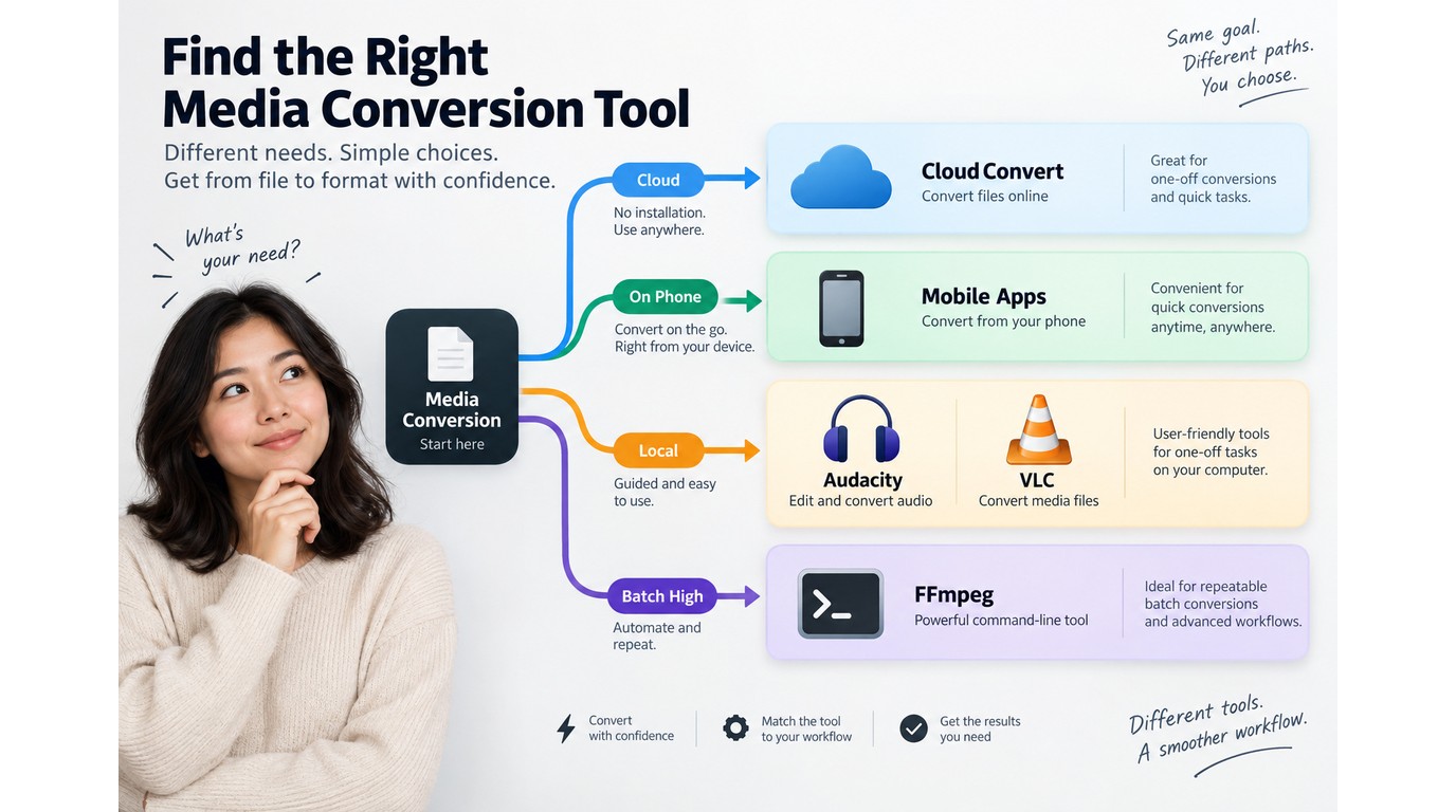 Workflow fit for CloudConvert, Audacity, FFmpeg, VLC, and mobile apps