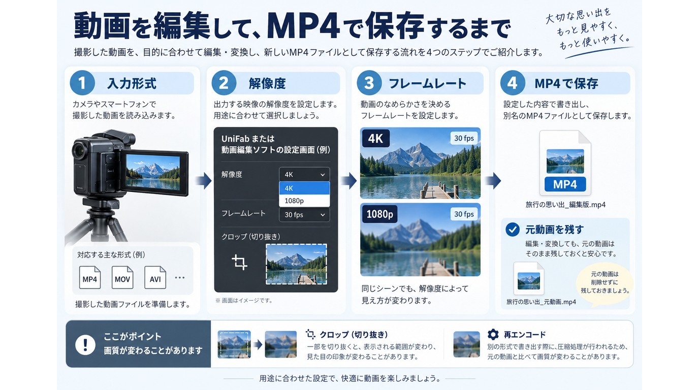 動画の入力設定からMP4保存と元ファイル保護までの流れ